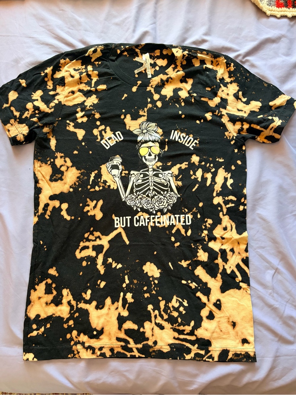 Black bleach dyed Tee - "Dead Inside But Caffeinated"